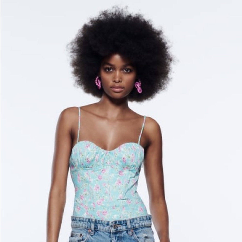 Women’s Zara Blue Pink Floral Corset Bodysuit Stretch Back Spaghetti Strap Small
